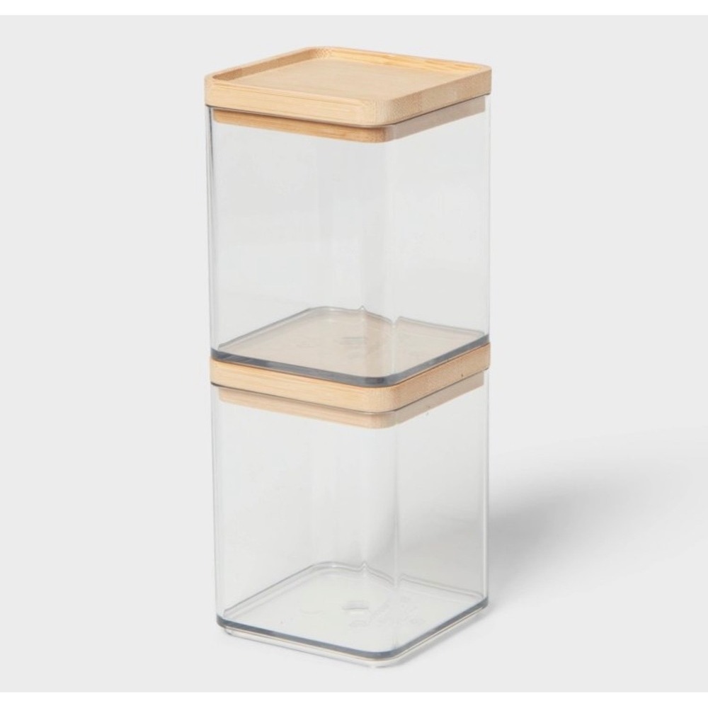Minimalist Extra Small Clear Vanity Canister Bamboo Lid 2pk Stackable Brightroom